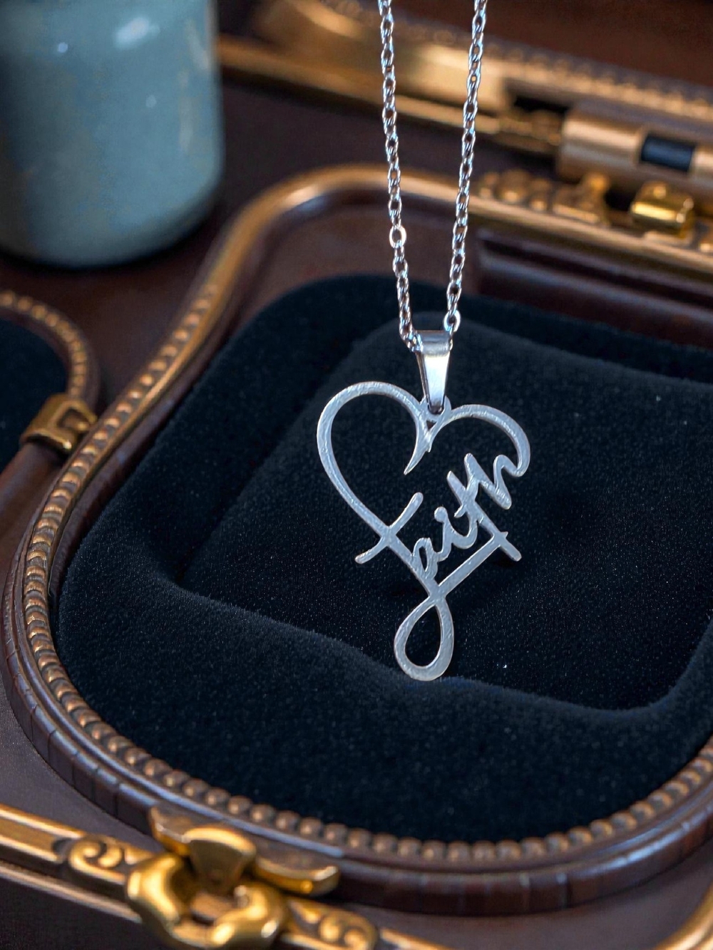 Silver Script Faith Heart Pendant Necklace Christian